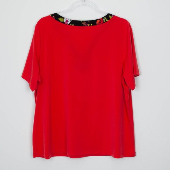 Susan Graver Womens Liquid Knit Floral Neck Top Size 1X Red Short Sleeve Stretch - Picture 6 of 7